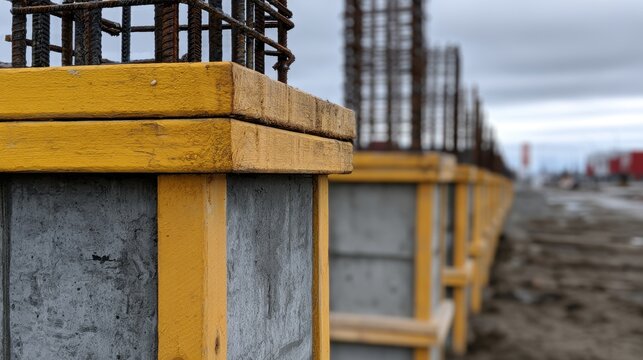 Concrete pillars with yellow wooden formwork on a construction site. Infrastructure development and building concept.