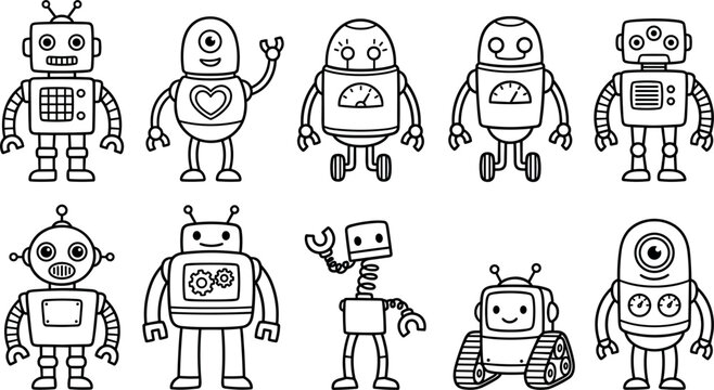 Cute Cartoon Robot Character Vector Icon Set with Vintage and Futuristic Line Art Designs for Kids Coloring Pages, Tech Logos, and Stickers
