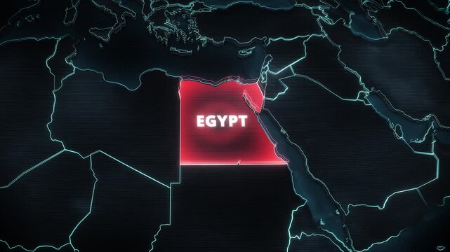 Glowing red highlight on the map of Egypt with neon cyan borders on a dark 3D cartography background, ideal for educational geography presentations or travel infographics.
