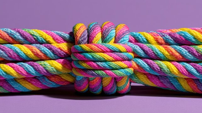 Close-up of a thick colorful braided rope tied in a complex knot against a purple backdrop. Represents connection and.