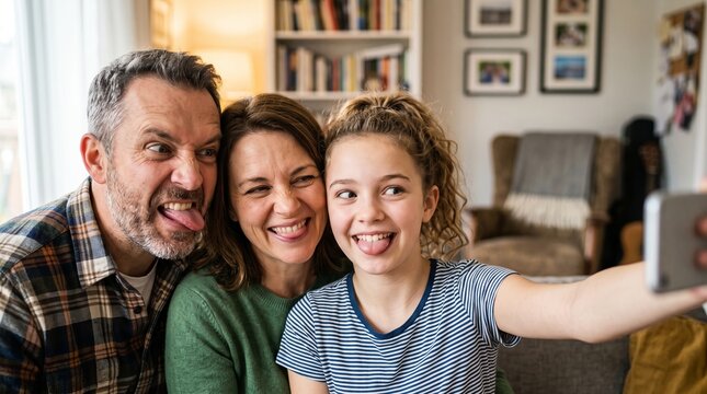 Happy family making funny faces while taking a selfie at home, celebrating playful moments and togetherness