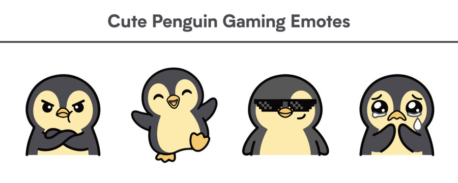 Cute penguin gaming emotes set with four different facial expressions isolated on white background for online streamer chat