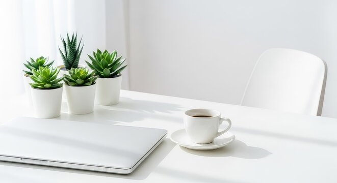 A clean white desk featuring a closed silver laptop, a white ceramic coffee cup, and small green succulent plants in a bright, modern room, modern, still life, copy space