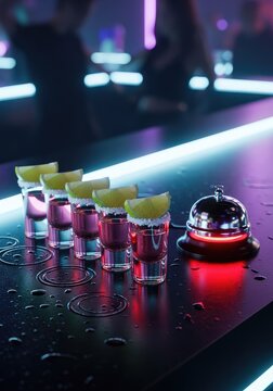A dim futuristic nightclub counter features salt-rimmed tequila shots with lime wedges next to a glowing red service bell in neon light, service, evening, beverage