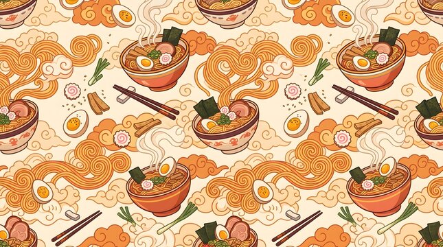 Seamless pattern with ramen noodle bowls and swirling steam clouds.