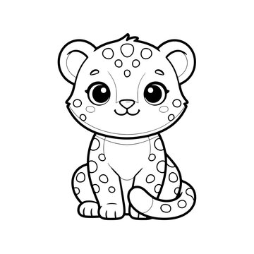 Cute cartoon leopard cub sitting and looking forward with big eyes