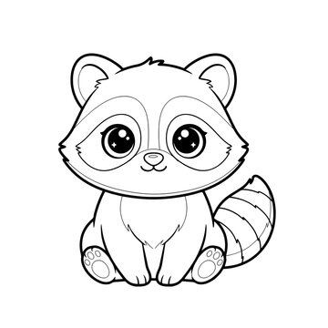 Cute cartoon raccoon with big eyes and fluffy fur sitting alone