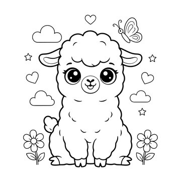 Cute cartoon llama with butterfly and flowers in a whimsical scene