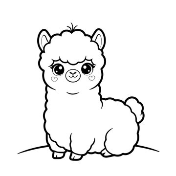 Cute cartoon alpaca with hearts on cheeks and fluffy fur standing alone