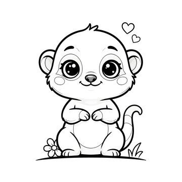 Cute cartoon meerkat with hearts and flower illustration for kids  black and white