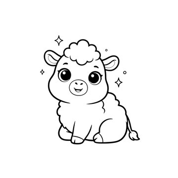 Cute cartoon lamb sitting on ground with sparkles around head