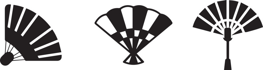 Traditional oriental hand fan collection featuring detailed black silhouettes of classic Japanese uchiwa and folding Spanish sensu icon  vectors © malaika