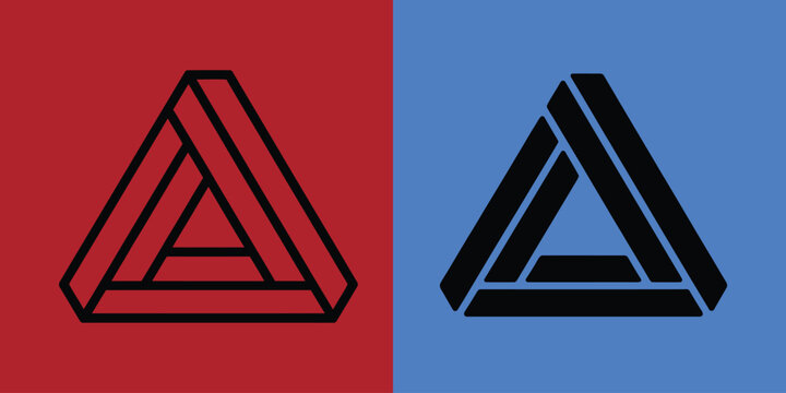Impossible triangle shape in outline and solid black styles on red and blue backgrounds