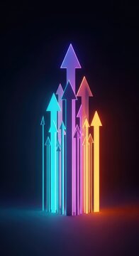 A vibrant digital background featuring multiple glowing arrows pointing upwards, symbolizing growth and success in a sleek geometric design, corporate, technology, progress