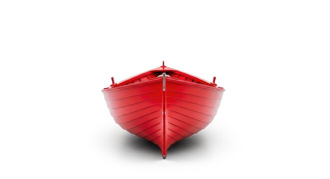 A vibrant red wooden boat sits centered against a clean white backdrop, showcasing classic nautical design and elegant maritime simplicity, skiff, minimal, empty