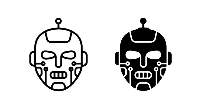 Futuristic Robot Head Icons, AI Android Face Symbols, Cyberpunk Machine Character Art