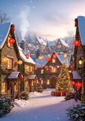 Fototapeta premium An ancient village covered in white snow during the festive season with glowing lanterns, decorated facades, and sparkling fairy lights, quiet, wood smoke, peace