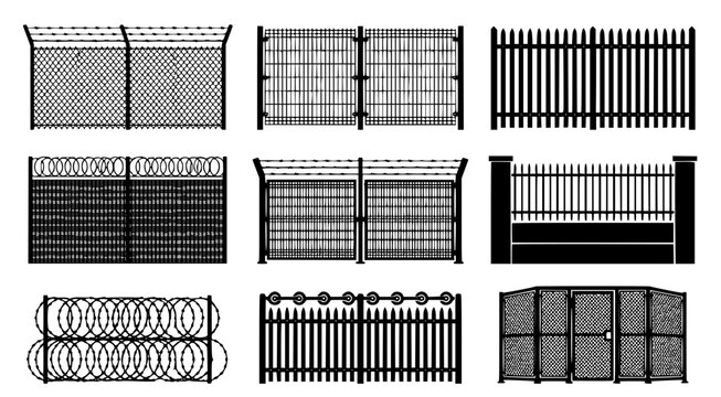 Set of black silhouette security fence designs with barbed wire and metal mesh panels for industrial and prison perimeter protection vector illustration