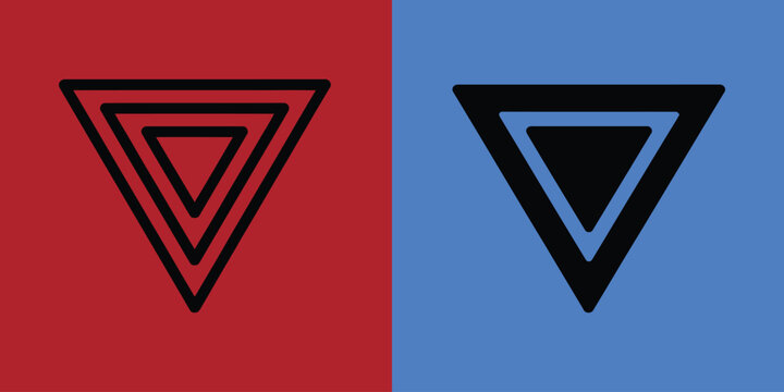 Two inverted triangle geometric symbols in black outline and solid black style on red and blue split background
