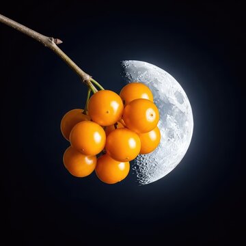 Close up view of small golden chinaberry fruits hanging from a branch against a dark night sky with a luminous silver half moon behind them, round, tranquility, sky