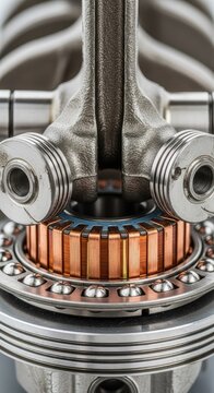 Close-up of mechanical components featuring pistons, crankshaft, and copper commutator within metal laminations and steel ball bearings, closeup, laminations, lubrication