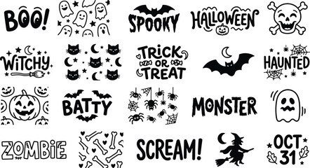 Fototapeta premium Set of hand-drawn Halloween typography and spooky icons for festive holiday design projects