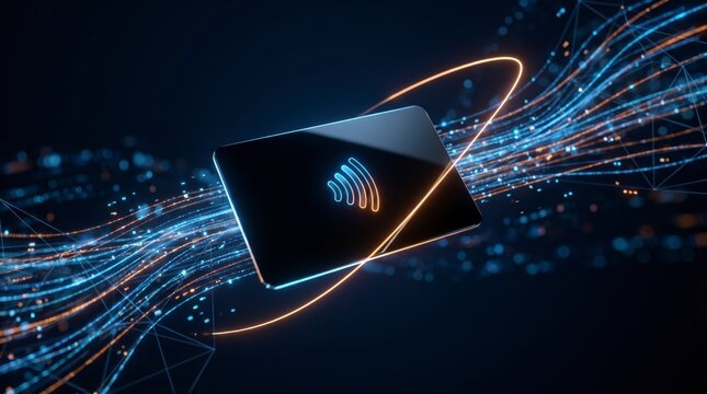 Contactless bank card floating among flowing blue and orange digital data light streams