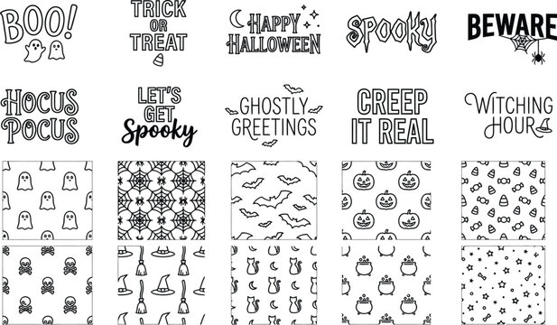 Halloween typography lettering and seamless patterns for festive holiday party design projects