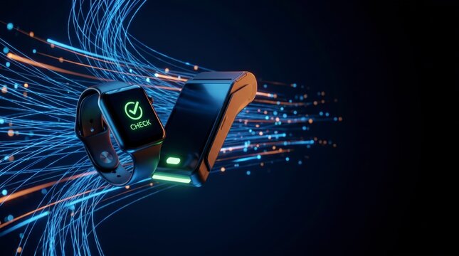 Smartwatch and payment terminal showing approved transaction amid glowing data streams