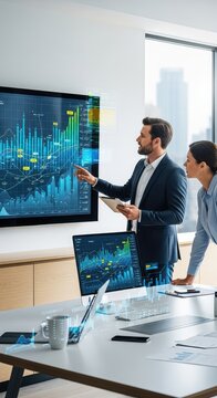 Financial strategies are shared during a lively discussion within a sleek office, featuring analytical charts and modern digital devices, contemporary, workplace, partnership