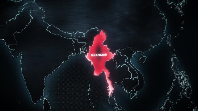 Modern digital geography map highlighting Myanmar with glowing neon cyan borders and typography, designed as a widescreen backdrop for educational travel documentaries and regional infographics.
