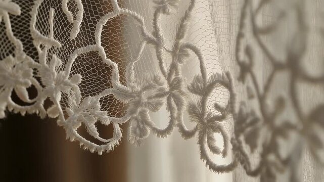 Macro shot of lace curtain edges fluttering delicately 