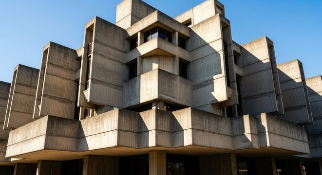 Massive concrete Brutalist structure with rhythmic geometric patterns and deep shadows under a clear sky, showcasing mid-century design, monumentalism, angles, aesthetic