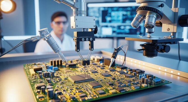 Scientific tools analyze complex circuit boards in a high-tech laboratory setting where hardware development and modern innovation occur, data, soldering iron, industrial