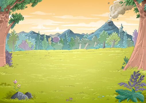 Forest landscape with mountains and an active volcano, illustration