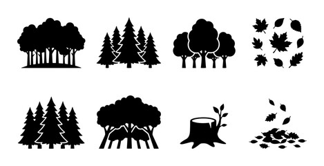 Forest and Tree Silhouettes, Autumn Leaves Collection: Vector Icons for Nature and Seasons © Sizan