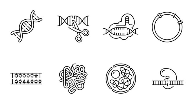 DNA Icons Set, Genetic Research Symbols, Molecular Biology Vector Graphics, Science and Biotechnology Line Art