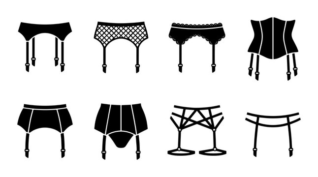 Garter Belt Collection, Vintage Lingerie Icons, Retro Fashion Elements, Black Silhouette Vector Graphics