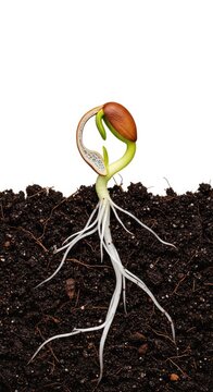 Vibrant cross-section of a small seed sprouting delicate white roots into rich dark earth, capturing the magical start of new plant life, moisture, evolution, roots