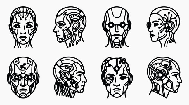 AI humanoid robot and cybernetic head line art vector icon set for artificial intelligence concepts
