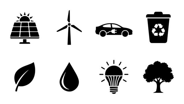 Eco-Friendly Icons Set: Solar Panel, Wind Turbine, Electric Car, Recycle Bin, Leaf, Water Drop, LED Bulb, Tree