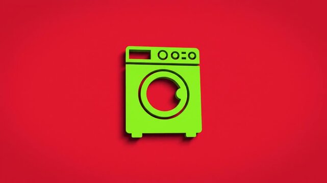3D render of a green washer machine icon against a bright red background for commercial use
