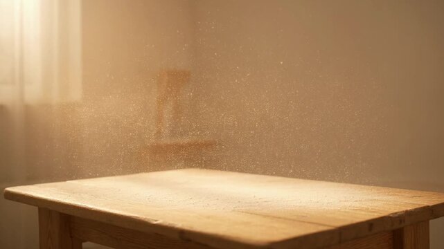 Sunlight illuminating floating dust particles over wooden table surface wood light beam glowing interior