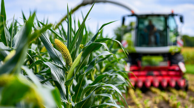 Forage harvester on maize cutting for silage in field representing harvesting biomass crop with self-propelled harvester in corn harvest season, farm equipment concept,