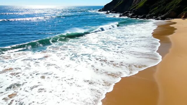 Ocean Waves on Sandy Shore: Gentle ocean waves crash onto a golden sandy beach, with a rocky cliffside in the background under a clear blue sky, capturing the serene beauty of a coastal landscape.