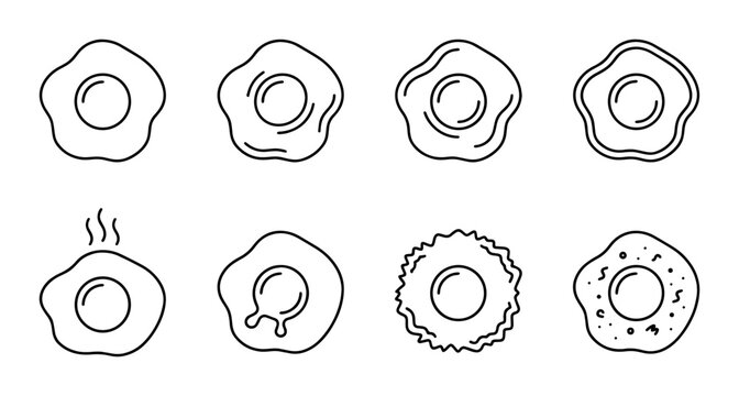 Fried Egg Icons Set, Simple Line Art Breakfast Food Vector Graphics, Diverse Styles for Culinary Design