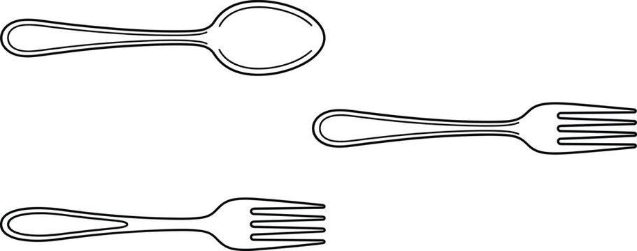 Spoon fork cutlery silverware restaurant kitchen vector line art set for food,