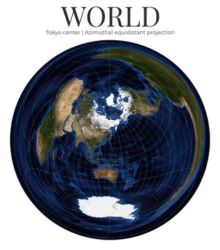 World map in azimuthal equidistant projection centered on Tokyo. Detailed physical map with true distances from center. April View. Elements of this image furnished by NASA.