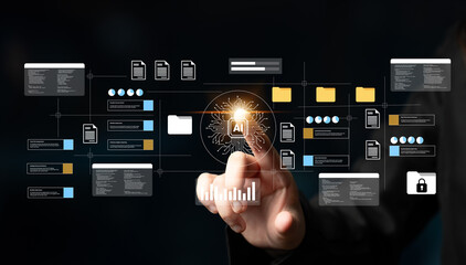 A close-up view of a hand interacting with a digital interface, showcasing concepts of AI, data management, and innovative technology in a modern setting. Gantry © InfiniteFlow