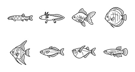 Obraz premium Hand-Drawn Aquatic Life Collection: Diverse Fish and Amphibian Vector Icons for Aquarium and Nature Designs